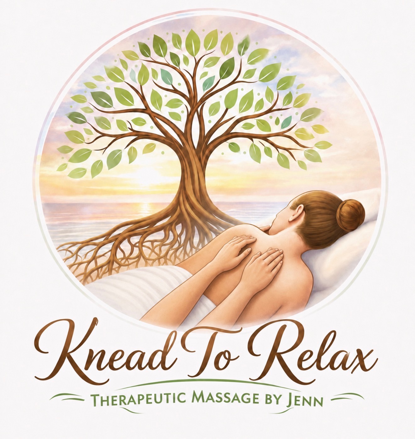 Knead To Relax — Therapeutic Massage by Jenn logo: a tree of life over an ocean sunrise above a massage scene